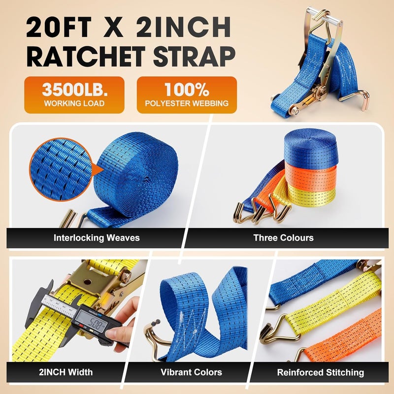 EVANCENT 2Pack Ratchet Straps Heavy Duty-2 Inch x 20 Feet(7,500lb Break Strength), Tie-Down Ratcheting with J-Hook Cargo Straps Tiedown Ratchet for Moving and Transports with Trailers, Pickup, Flatbed Trucks - Image 3
